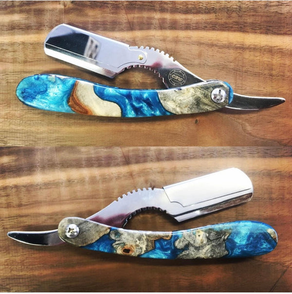 Buckeye burl resin hybrid shavette with heavy weight blade.